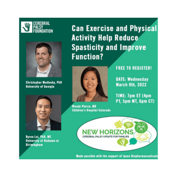 Head Shot of Dr. Christopher Modleski wearing a grey jacket & white shirt, head shot of Dr. Wendy Pierce wearing a tan shirt, and Dr. Byron Lai wearing a black jacket with a red tie. The text says Can Exercise and Physical Activity Help Reduce Spasticity and Improve Function? Register for Free, Town Hall on March 9, 2022.