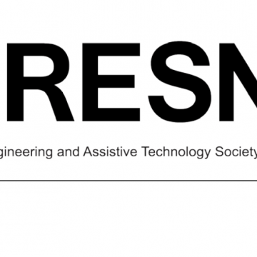 Logo for RESNA with a red flag and black lettering that says Rehabilitation and Assistive Technology Professional Society of North America