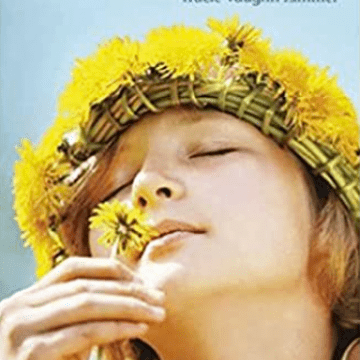 Girl with yellow flower crown is smelling a yellow flower with a blue background. The book title "Reaching For Sun" is written in red. 