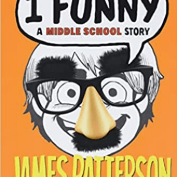 Drawing of a boy with fake glasses and a fake mustache on an orange background.