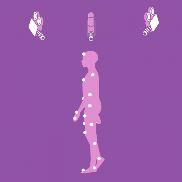 An illustration of a person standing up with little white dots, or sensors all over their body. The person is standing underneath three movie cameras.