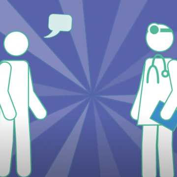 Illustration of a patient standing up talking with a doctor in front of a purple pinwheel background