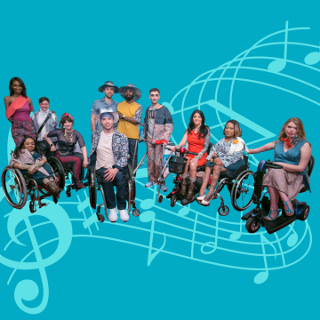 Image of adults sitting and standing utilizing various mobility and support devices overlayed on musical notes