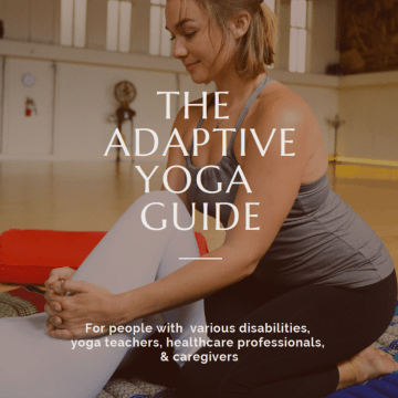 The cover image from the adaptive yoga guide showing Caroline Hughes practicing an assist in a yoga pose