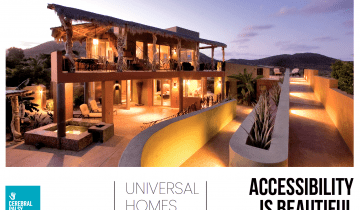 Cover of CPF Universal Homes Accessibility is Beautiful Look Book featuring CPF logo and photo of home lit at dusk with outside ramp