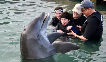 Photo of family of 4 in the water with a dolphin