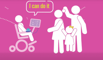 Icon of child in wheelchair using AAC device to say "I can do it" with parents and siblings cheering for them