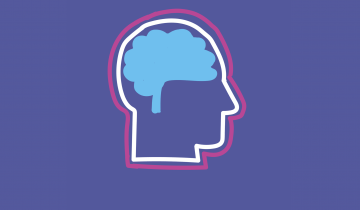 Outline of a person's head, with blue brain inside against dark purple background
