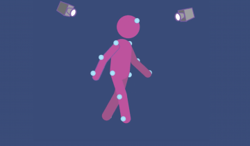 Stick figure against purple background with trackers and cameras on them to monitor their gait