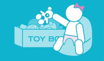 Drawing of child sitting down picking toys out of a box