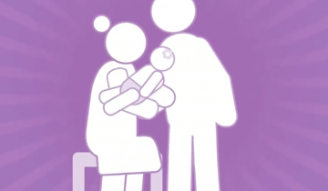 Stick figure drawing of two parents holding their child