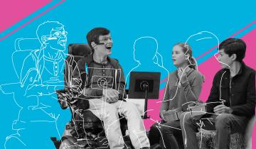 JJ Dimeo with on-screen siblings sharing a laugh and using AAC device