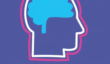 Draw outline of a brain with a blue brain against a dark purple background