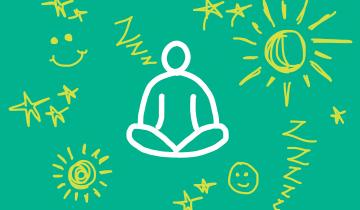 Drawing of a person meditating with doodles of suns and happy faces against a green background