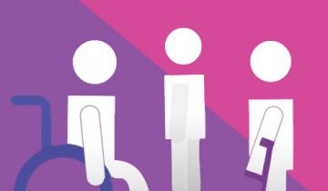 An image of three people on a pink and purple background