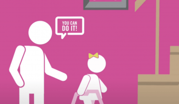 Representation of a parent cheering on their child with a text bubble above them that reads "You can do it!", while the child who uses a walker prepares to go up the stairs