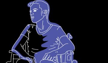 "Navigating CP and Depression at the Same Time" is shown in text above an illustration of a person in a wheelchair colored in blue