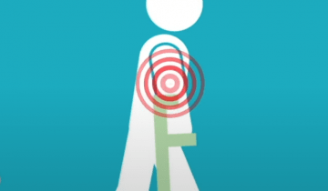 Representation of person using crutches with red circles radiating around their shoulders representing pain