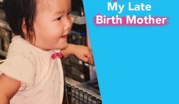 "How I’ve Learned to Celebrate My Late Birth Mother" written in text to the right of an image or writer, Sarah Kim, as a child