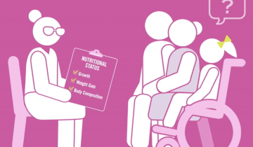 Illustration on pink background with a female clinician sitting across from a family including parents and a young girl in a wheelchair. There is a question mark in a speech bubble above the young girl and the clinician is holding a clipboard with the words growth, nutrition and body composition on it.