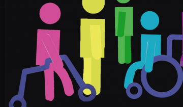 "People with Disabilities Also Have Diverse Sexualities and Gender Identities" is written in text above a representation of different people, some using wheelchairs, some using crutches, some standing without assistance. The representations of people are all in different colors reminiscent of the pride flag