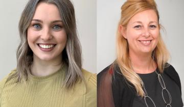 Photo of Madison Paton wearing a yellow sweater and Iona Novak wearing a black shirt on a grey background