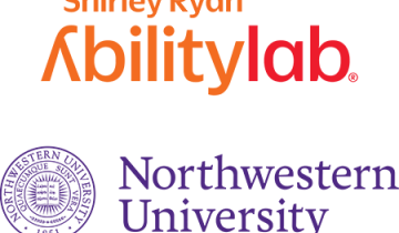 Shirley Ryan Ability Lab written in Orange Lettering over Northwestern University Written in Purple Lettering