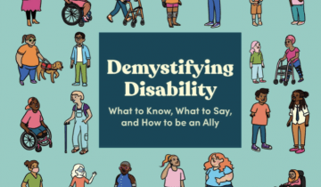 Book Cover: Demystifying Disability drawings of a variety of people over a blue background