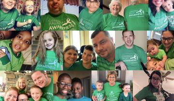 Collage of individuals and families with cerebral palsy wearing green t-shirts that say go green for CP