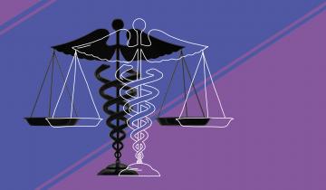 Medical symbol of the short staff entwined by two serpents surmounted by wings overlaying the legal scale of justice symbol over a purple background