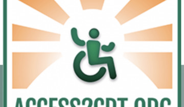 Access2CRT logo of drawing of person in wheelchair with orange triangles behind
