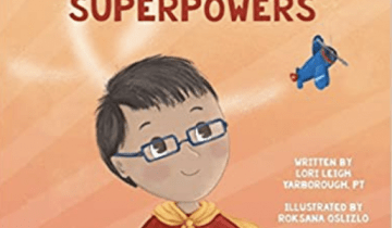 Xander's Cerebral Palsy Superpower's with illustration of boy brown hair and blue glasses in superhero clothing