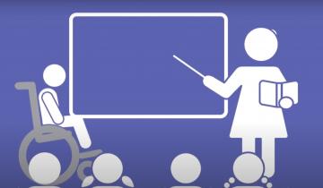 Graphic of a teacher in front of a chalk board with a child in a wheelchair observing