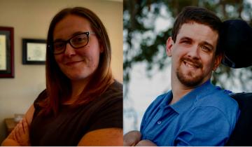 Sarah Storck on left with long blond hair wearing glasses and a brown shirt, David Stoner on right with dark hair in a wheelchair wearing a blue shirt