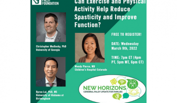 Head Shot of Dr. Christopher Modleski wearing a grey jacket & white shirt, head shot of Dr. Wendy Pierce wearing a tan shirt, and Dr. Byron Lai wearing a black jacket with a red tie. The text says Can Exercise and Physical Activity Help Reduce Spasticity and Improve Function? Register for Free, Town Hall on March 9, 2022.