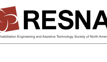 Logo for RESNA with a red flag and black lettering that says Rehabilitation and Assistive Technology Professional Society of North America