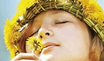Girl with yellow flower crown is smelling a yellow flower with a blue background. The book title "Reaching For Sun" is written in red. 