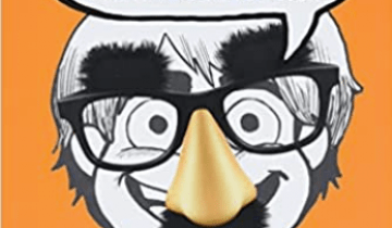 Drawing of a boy with fake glasses and a fake mustache on an orange background.