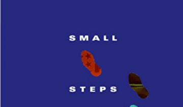 Multi-colored footsteps leading upwards on a navy blue background