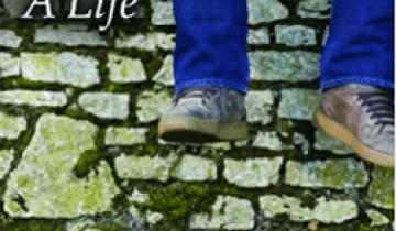 Boy in blue jeans and gray sneakers dangling his legs over a brick wall