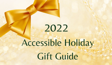 2022 Accessible Holiday Gift Guide with a gold bow over gold glitter background