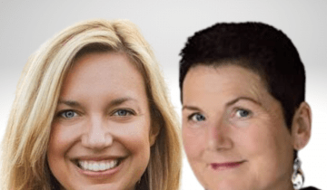 Kara Buckley has blond hair and blue eyes and is smiling wearing a black turtle neck while Lily Collison has black pixie hair and is smiling wearing a maroon shirt.