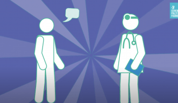 Illustration of a patient standing up talking with a doctor in front of a purple pinwheel background