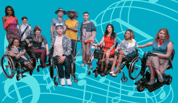 Image of adults sitting and standing utilizing various mobility and support devices overlayed on musical notes