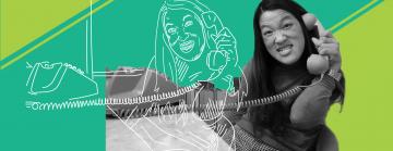 A young woman sits at a desk on the phone smiling. A hand drawn version of the image is on top of it.