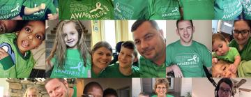 Collage of individuals and families with cerebral palsy wearing green t-shirts that say go green for CP