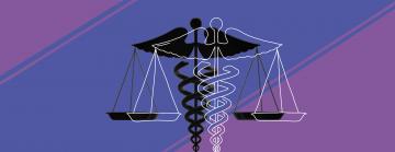 Medical symbol of the short staff entwined by two serpents surmounted by wings overlaying the legal scale of justice symbol over a purple background