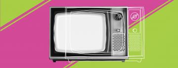 Image of an old television set over a pink and green background