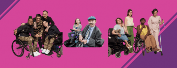 Image of a group of men utilizing different supportive mobility devices, next to an image of a man and a woman using wheelchairs, next to an image of a group of women using a variety of mobility equipment.