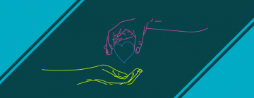 Drawing of hands exchanging a heart over a dark green and blue.